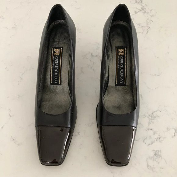Roberto Capucci Leather + Patent Slip On High Heel Designer Shoes Brown Sz 8.5AA - Picture 2 of 10